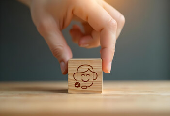Customer support icon on wooden block, symbolizing assistance and communication, evokes sense of reliability and service