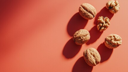 Whole walnuts with shell casting shadows on orange background in healthy food nutrition organic snack concept