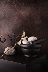 Mortaio in pietra con elementi naturali, still life con spazio per testo