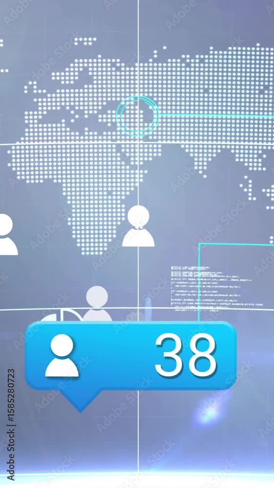 Poster global network and data analytics animation over world map with user icons