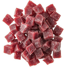 Raw beef cubes pile isolated on a transparent background diced