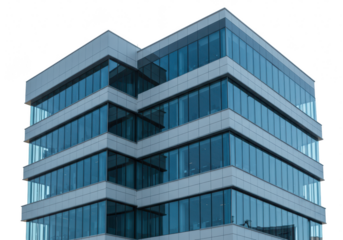 A modern office building with a striking glass facade and geometric design stands against a transparent background