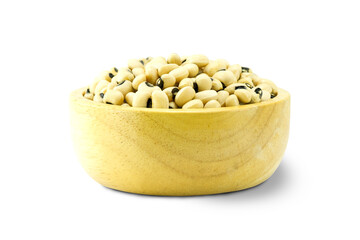 bowl of beans, Heap of dry white kidney beans or black-eyed peas or black-eyed beans in wooden bowl isolated on white background close up stack clipping path