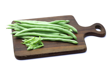 green beans on wooden background, Heap french beans, haricot beans, snap beans, string beans whole...