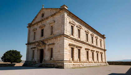 Obraz premium Historic Stone Church Building Under Clear Blue Sky