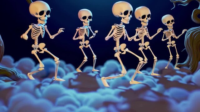 Spooky Halloween video featuring a crowd of skeletons dancing joyfully in a graveyard at night.