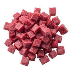 Raw beef cubes pile isolated on a transparent background meat diced