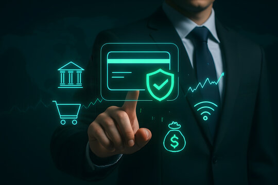 Businessman using secure online banking and shopping with digital interface