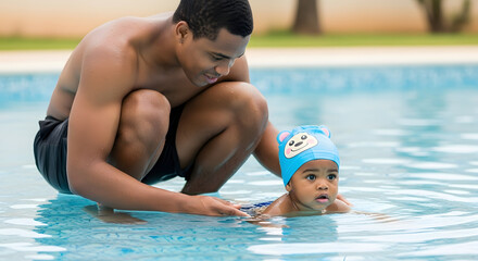Father helps his baby learn to swim in a clear blue swimming pool on a sunny day.