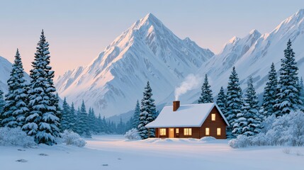 Cozy cabin in snowy landscape with majestic mountains and frosty trees at sunrise in winter wonderland setting