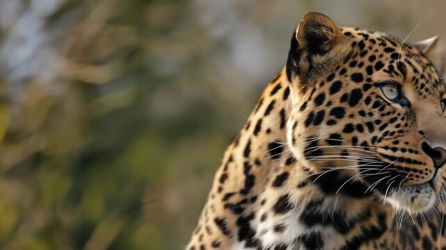 Profile view of a leopard head showing its spotted fur and piercing eyes, a majestic wild cat for nature and wildlife footage.
