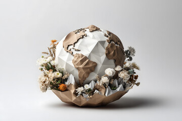 Beautiful paper craft representation of Earth surrounded by flowers, symbolizing environmental awareness and sustainability