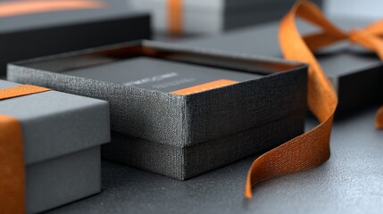 Stack of elegant black and orange gift boxes with ribbon on gray background for product packaging celebration branding