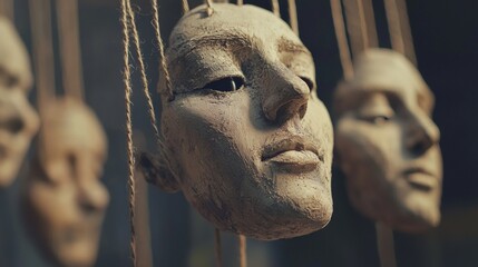 Artistic hanging sculpted clay heads with moody lighting for surreal sculpture portrait creativity abstract concept photography