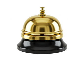 A shiny golden service bell with a black base, ready to be rung for assistance isolated on transparent background