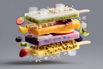 Delicious popsicles stacked with vibrant fruit pieces, ice crystals, and refreshing look, perfect for summer enjoyment