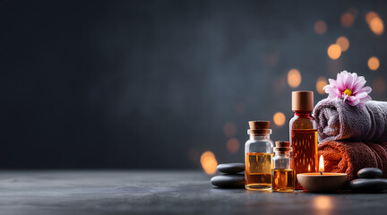 Luxurious spa setting with essential oils, candles, and towels, creating serene atmosphere for relaxation and rejuvenation