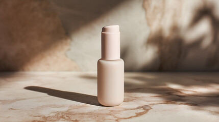 Minimalist skincare serum bottle stands elegantly on marble surface, casting soft shadow, evoking sense of calm and beauty