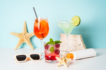 Cocktail party. Margarita, Aperol Spritz and raspberry mojito.