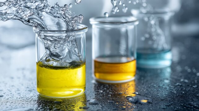 Glass beakers with oil and water splashing on black surface for science experiment chemistry background photography design