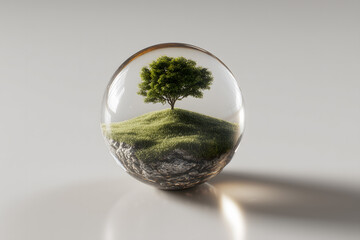 Hyper realistic rendering of crystal clear sphere containing small tree on grassy hill, symbolizing nature and tranquility