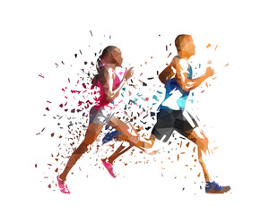 Run, running people - man and woman, low poly isolated vector sports illustration, side view. Track and field athletes