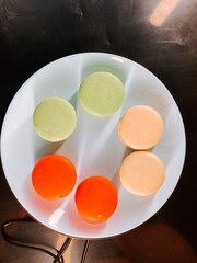 Colorful macarons arranged on a white plate showcasing vibrant hues and delightful flavors