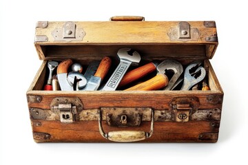 Vintage toolbox filled with essential tools repair and restoration project on white background. Generative AI