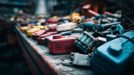 Messy mechanic workbench with tools and car parts in workshop environment for industry repair photography concept background