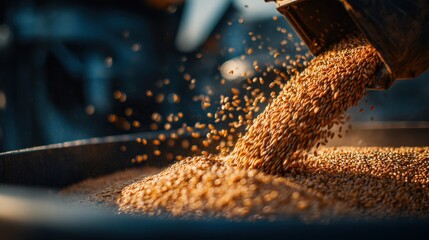 Dynamic macro shot of a cascade of grains pouring into a sleek automatic grainmanger highlighting the harmonious blend of nature and innovation. The vibrant colors and minute details