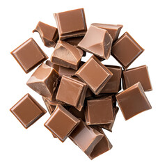 Rich milk chocolate squares broken into pieces isolated on a transparent background candy