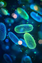 Probiotic Bacteria Under Microscope – 3D Render of Gut Microbiome