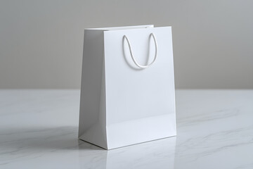 Elegant shopping bag on marble surface, showcasing minimal luxury and sophistication. Perfect for retail or gift purposes