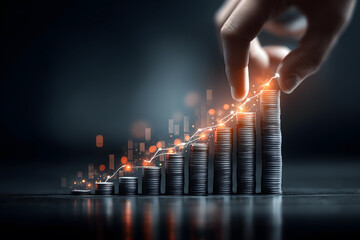 Hand stacking coins to create financial growth chart, symbolizing investment success and wealth accumulation, with glowing upward trend