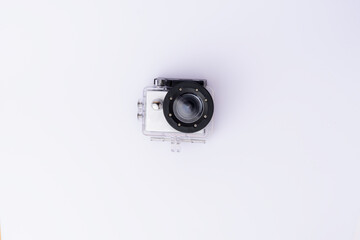 Modern GoPro action sports camera viewed from above, isolated on a clean white background. Perfect for technology, travel, and adventure design projects.