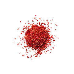 Rich red ground chili flakes scattered isolated on a transparent background spice seasoning