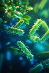 Probiotic Bacteria Under Microscope – 3D Render of Gut Microbiome