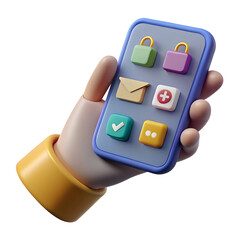 3d hand holding smartphone with app icons isolated on a transparent background