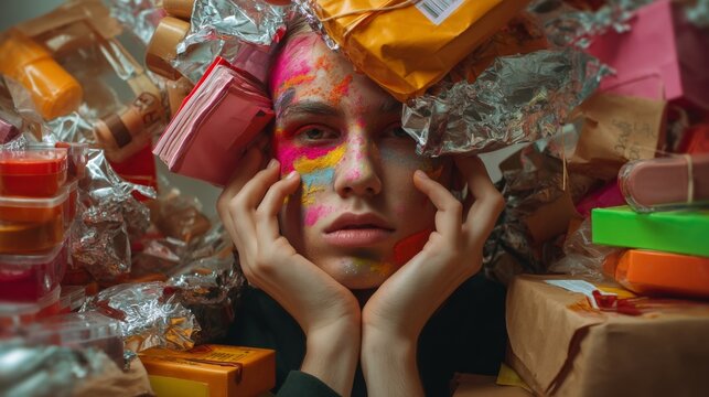 Artistic woman surrounded by plastic packaging for environmental consumerism pollution awareness photography concept project