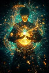 Fantasy Wizard Surrounded by Glowing Magical Energy in Ancient Portal