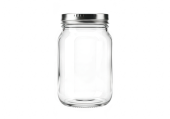 An empty glass jar with a silver metal lid, isolated on a plain transparent background