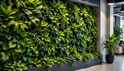 Obraz premium Indoor vertical garden with lush green plants in modern office interior featuring natural sunlight and contemporary furniture for a calming work environment
