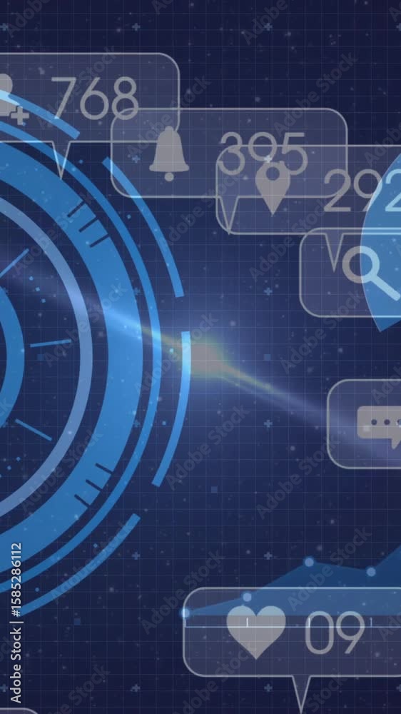 Poster social media notifications and user interactions animating over digital interface background