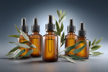 Sophisticated product photography of amber glass dropper bottles surrounded by green leaves, showcasing elegance and natural beauty