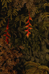 Mixed leaves, green leaves, abstract texture, tropical leaves, natural dark green background.