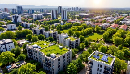 Naklejka premium Aerial view of a modern urban residential area with high-rise and mid-rise buildings surrounded by lush green trees and landscaped gardens, with a distant city skyline and mountain range under bright 