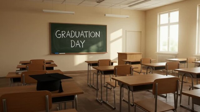 Empty Classroom with Graduation Cap Ready for Academic Ceremony