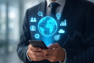Global Business and Technology Concept with Businessman Using Smartphone and Digital Icons
