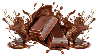 Premium Delicious Chocolate Background on White with Crumbled Pieces and Splash – Sweet, Appetizing, and Decadent Texture. Chocolate Pieces and Chocolate Splash Banner. Relaxing, Aromatic, Tasty