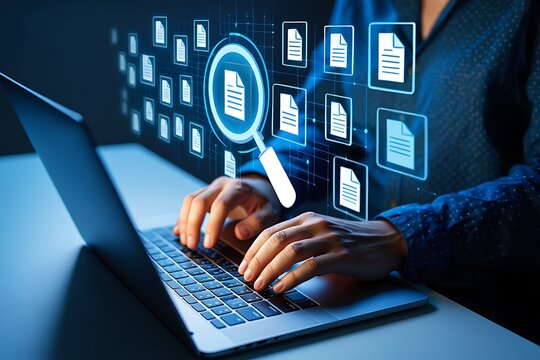 Person using a laptop with a digital interface displaying document icons and a magnifying glass for data analysis and information retrieval - Powered by Adobe